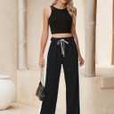 Heymoments Women's Wide Leg Pants add Tops High Waisted Sport Athletic Jogger Running Walking Sweatpant Set (Black, XXL)