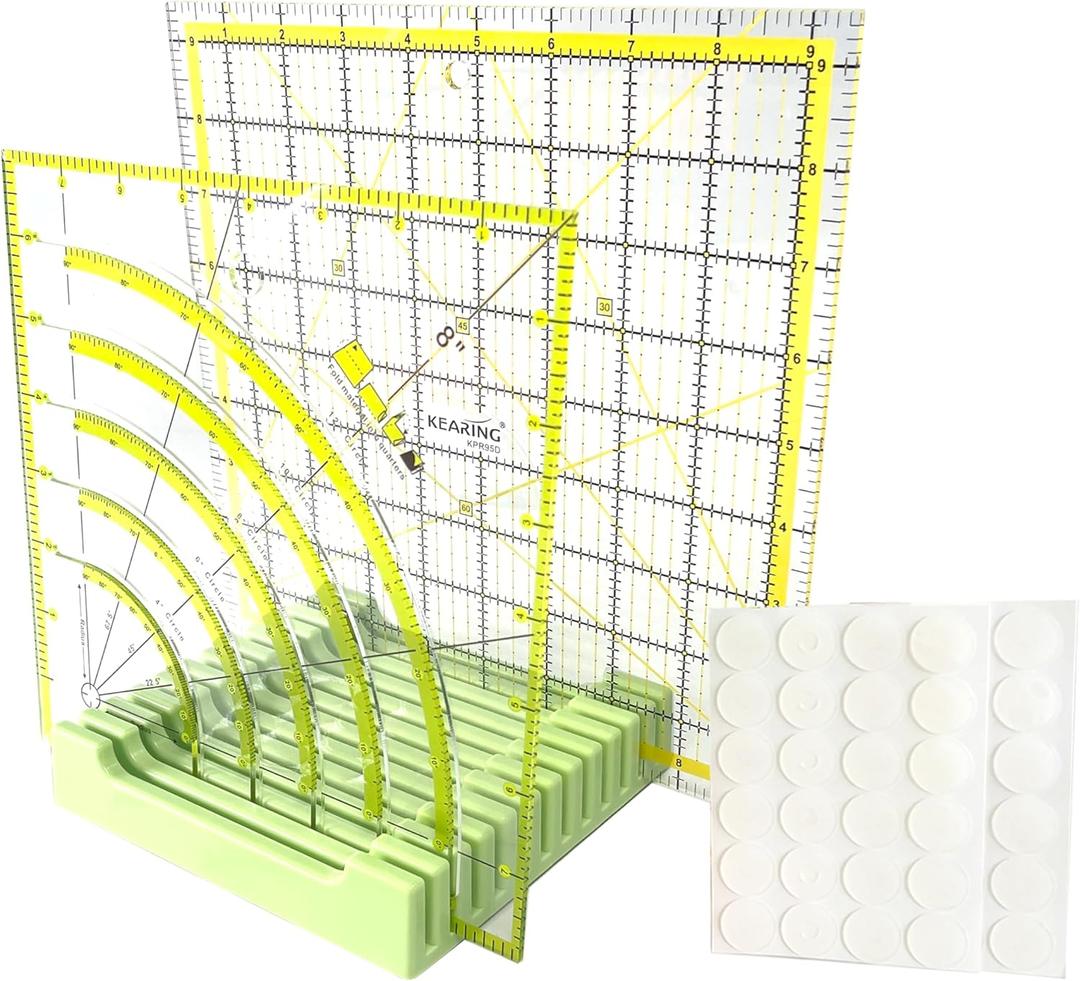 12-Slot Quilting Ruler Holder and Non-Slip Grip Rings, 6-Inch Sewing Ruler Organizer, Green-1 Set