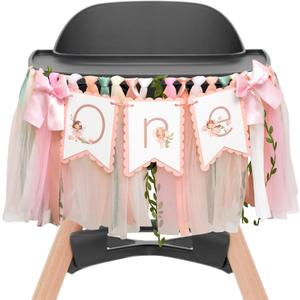 Upfirst Flower Fairy Highchair Banner - 1st Birthday Wildflowers And Fairies Theme For Girls,Flower Fairies Garland,Wildflower Highchair Banner First Birthday Party Supplies (fairy pink banner)