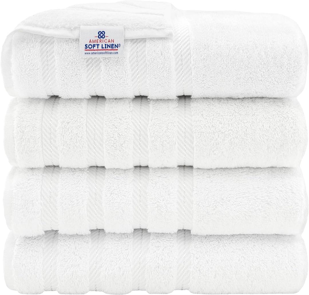 American Soft Linen Luxury 4 Piece Bath Towel Set, 100% Cotton Turkish Bath Towels for Bathroom, 27x54 in Extra Large Bathroom Shower Towels, White (Bath Towel Set of 4, Bright White)