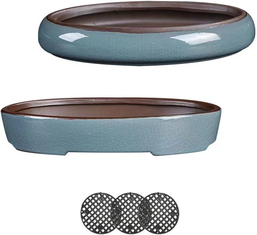 (10 Inch 2 Piece Set Water Glaze Blue Succulent Platter Bonsai Tree Ceramic Flower Pot Handmade (Excluding Plants)