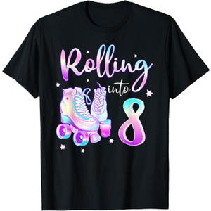 Kids 7-8 Years Old Birthday Girls Rolling Into 8th Bday Theme T-Shirt, S, Black