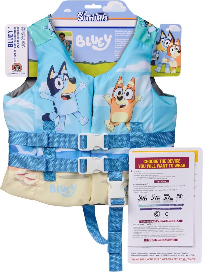 SwimWays Bluey Swim Life Jacket Vest for Kids 33-55 lbs | Colorful Life Jacket with Adjustable Buckles for Custom Fit and Comfortable Twill Cover; Swimming Aid Boosts Swimming Skills, 13.25"L x 3.25"W