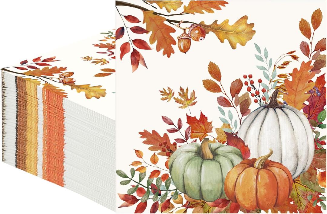 50 PCS Fall Pumpkin Paper Napkins Watercolor Autumn Luncheon Napkins Disposable Pumpkins Maple Leaves Dinner Party Napkin for Autumn Thanksgiving Harvest Decoration, 6.5 x 6.5 Inch