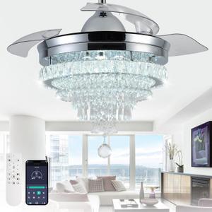 42" Modern Crystal Chandelier Ceiling Fan with Light & Remote,Dimmable LED Fandelier for Bedroom Living Room,3 Color Temperatures,6 Speeds,Retractable Blades,Brushed Nickel,Timing & Memory Function (DX002)