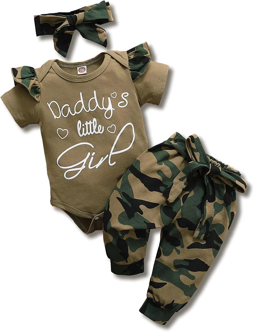 AMAWMW Baby Girl Clothes Set Daddys Little Girl Ruffle Romper Top Camouflage Pants Newborn Infant Baby Girl Outfit (6-12 Months, A Green 1)