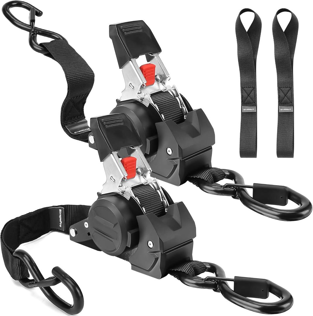 Retractable Ratchet Straps, 1763lb Break Strength Self Retracting Ratchet Straps Heavy Duty with Soft Loops, 10FT Auto Tie Down Straps Easy Retract for Motorcycle, Truck, Securing Cargo, 2 Pack (Black)
