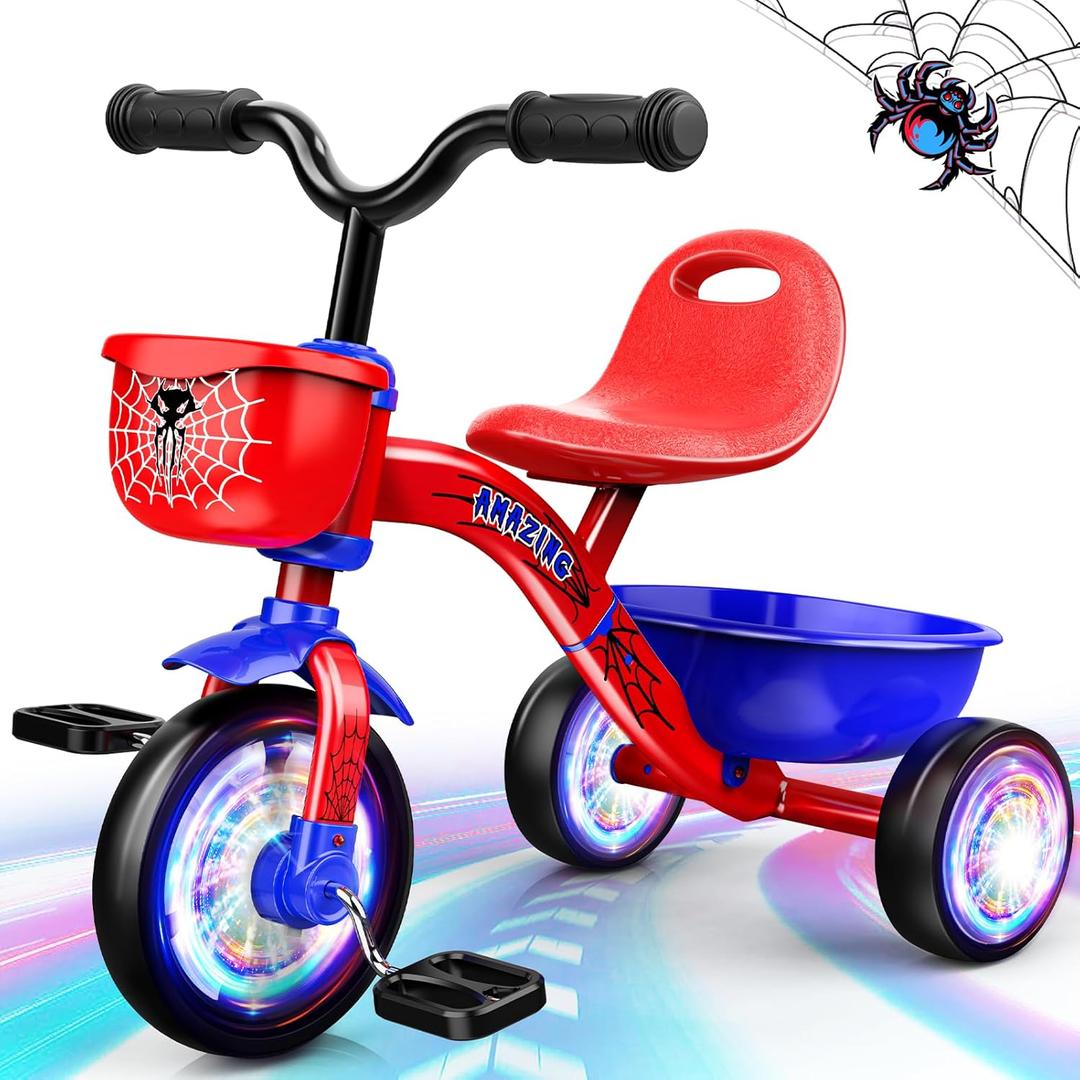 Tricycle for Toddlers 1-3 3-5 Year Olds, Spider Toddler Bike Baby Balance Bike with Colorful Lighting Wheels & Large Basket, Birthday Gift and Toy for 1 2 3 4 5 Year Olds Boys and Girls (Red-blue)