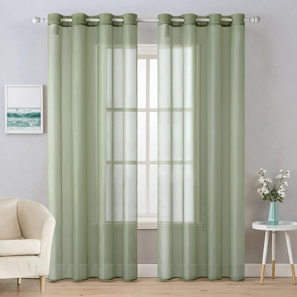 MIULEE Solid Color Sheer Curtains 90 Inches Long 2 Panels Set - Elegant Lightweight Grommet Light Filtering Window Voile Panels/Drapes/Treatment for Bedroom Living Room W54 x L90 Inch, Sage Green