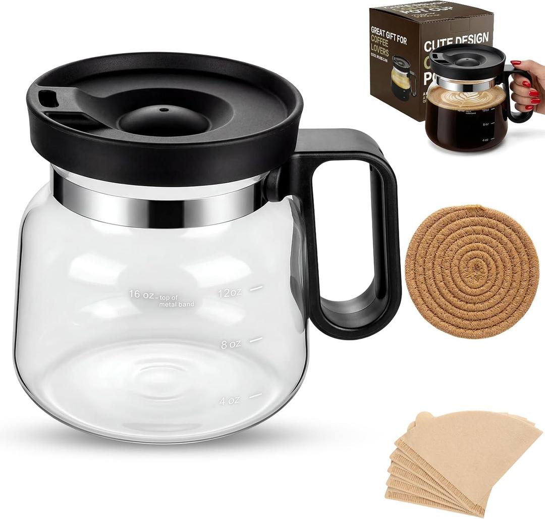 Mini Coffee Pot Mug 16oz with Lid, Borosilicate Glass Coffee Mug, Easy-Read Markers, Heat Pad & 50pcs Filters, Clear Glass Mug for Hot & Cold Drinks