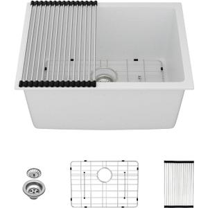 Kichae 24 Granite Composite Sink - 24"x18" Granite Laundry Utility Sink Undermount White Quartz 12" Deep Under Counter Single Bowl Sink Basin