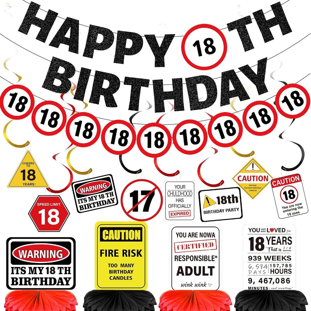 18th Birthday Decorations Banner Boys - 14 Pcs Multicolor Warning Banner Glitter Garland Table Honeycomb Centerpieces Decor For Girls 18 Year Old Party Supplies
