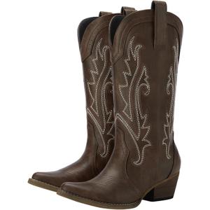 HISEA Rollda Cowboy Boots for Women, Cowgirl Boots, Comfortable Western Boots with Pointed Toe Stitched Embroidery for Country Concert Dancing Wedding Traveling Daily Outfits (8, Dark Brown)
