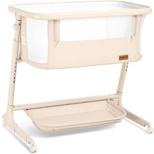 Electric Baby Bassinet Bedside Sleeper with Auto Rocking, Remote/Touch Control, 3 Timer Modes, 12 Sounds, 6 Heights, Storage & Wheels (Beige)
