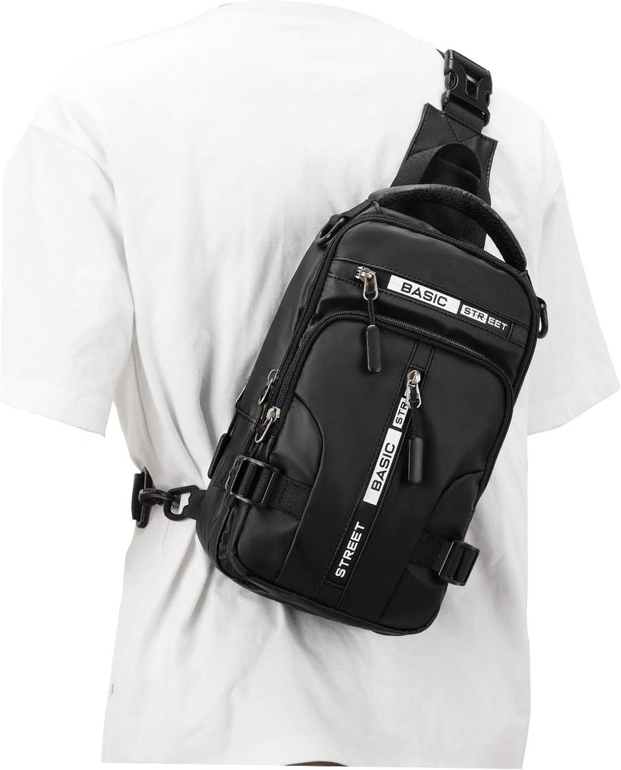 Large Black Sling Bag for Men Women, Mini Anti Theft One Strap Motorcycle Sling Backpack, Small Sling Chest Bag Daypack Crossbody Backpack with Usb Port for Casual Travel Hiking Gym Outdoor Sports