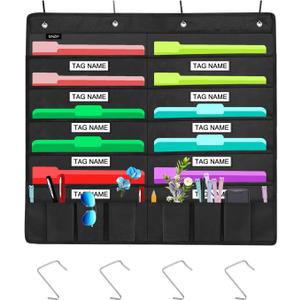 Heavy Duty 10 Pocket Door Hanging File Organizer with Name Tag Holders, Black Wall Storage Pocket Charts with 4 Hangers, Great for Classroom, School, Home or Office Use (10 Nametag Pocket)