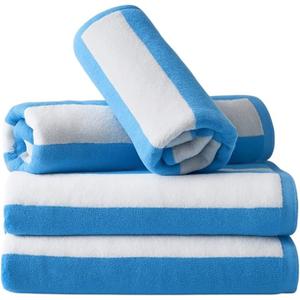 Striped Cabana Beach Towel Set of 4, 30 x 60 in Yarn-Dyed 100% Ring-Spun Cotton Terry, Multi-Use Pool Bath Spa Towel, Aqua/White
