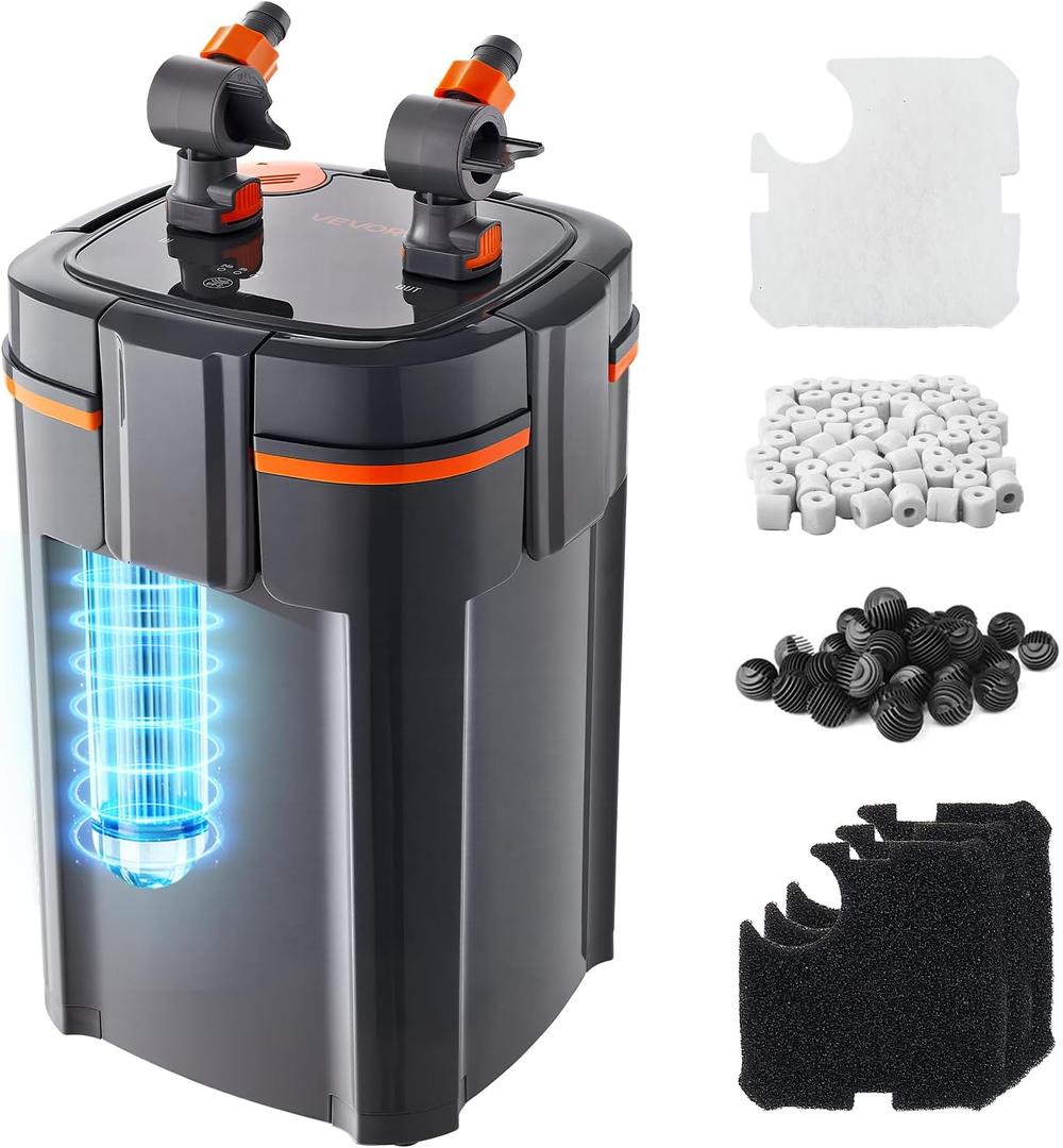 VEVOR 343GPH Canister Filter, 4-Stage External Aquarium Filter with Timed Light, Powerful Pump, Water Circulation Cleaning with Media for Large Fish Tanks & Aquariums Up to 125 Gallons, for Freshwater