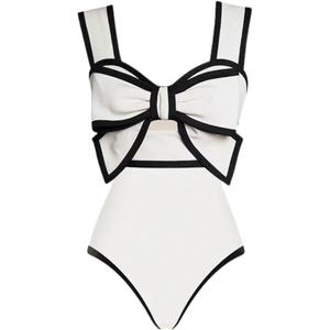 FLAXMAKER Black and White Swimsuit Bow-tie Decor One Piece Bathing Suit, Medium 