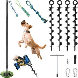 Tether Tug Outdoor Dog Toy, 31"-78" Tug of War Dog Toy with Safety Pole Cover, 3 Replaceable Ropes & Spiral Ground Anchor - 4 Durable Spring Pole Interactive Pull Toy for Large Medium Small Dog
