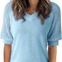 Dokotoo Women's Casual Short Sleeve Loose Crochet Tunic Tops Lightweight Knit Pullover Sweater Blouses (Blue)