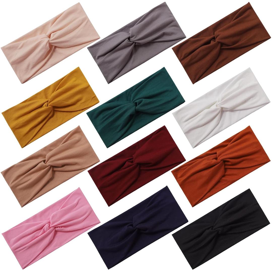 12 Pcs Stretchy Headbands for Women, Absorbed Sport Headband Soft Twist Knotted Headbands for Daily Life Yoga Workout (Dark Serial)