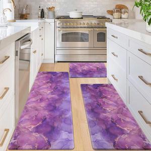 Likiyol Marble Kitchen Rugs Set of 3 Kitchen Mats for Floor Anti Fatigue Mats for Kitchen Floor, Purple Ombre Kitchen Rugs Non Slip Washable Comfort Standing Mat, 18'' x 30''+18'' x 48''+18'' x 60''