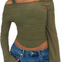 SweatyRocks Women's Cold Shoulder Crop T Shirt Long Sleeve Mesh Sheer Cut Out Ruched Fitted Tops (Green), L