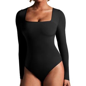 IUGA Long Sleeve Bodysuits for Women Square Neck Bodysuit Shapewear Bodysuit Tummy Control Slimming Body Suit for Womens (Medium, Black)
