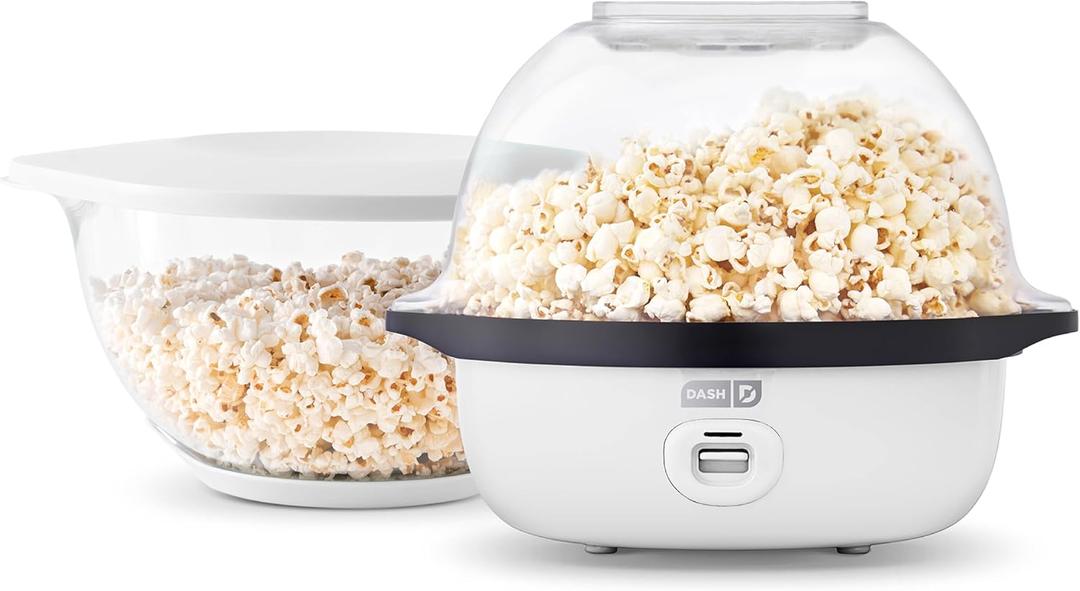 DASH SmartStore Deluxe Stirring Popcorn Maker, Hot Oil Electric Popcorn Machine with Large Lid for Serving Bowl and Convenient Storage, 24 Cups  White