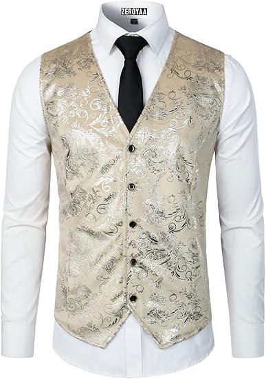 ZEROYAA Mens Hipster Metallic Paisley Printed Single Breasted V-Neck Suit Vest/Tuxedo Waistcoat Z49-Champagne XXX-Large
