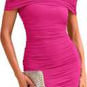 Okiwam Women's Summer Off Shoulder Ruched Bodycon Dress Sleeveless Party Club Cocktail Short Dresses