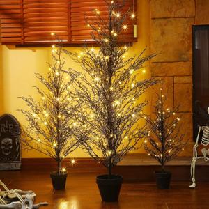 Giegxin Set of 3 Black Halloween Tree 4FT 3FT 2FT Realistic Artificial Pre-Lit Twig Birch Tree with Lights Gothic Light up Black Twig for Indoor and Outdoor Porch Fall Decor