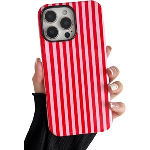 Longlayss Compatible with iPhone 16 Pro Case Cute Aesthetic Striped Phone Case for Women Girl Shockproof Slim TPU and Hard PC Protective Cover (Pink and Red)