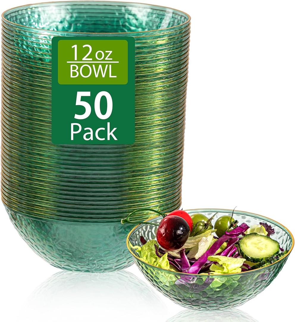 I00000 50 Pack 12 Ounce Clear Green Plastic Bowls Serving Bowls Hammered with Gold Rimmed, Heavy Duty Disposable Bowl Set,Small Bowls for Party Picnic, 50 Pack, Green Gold