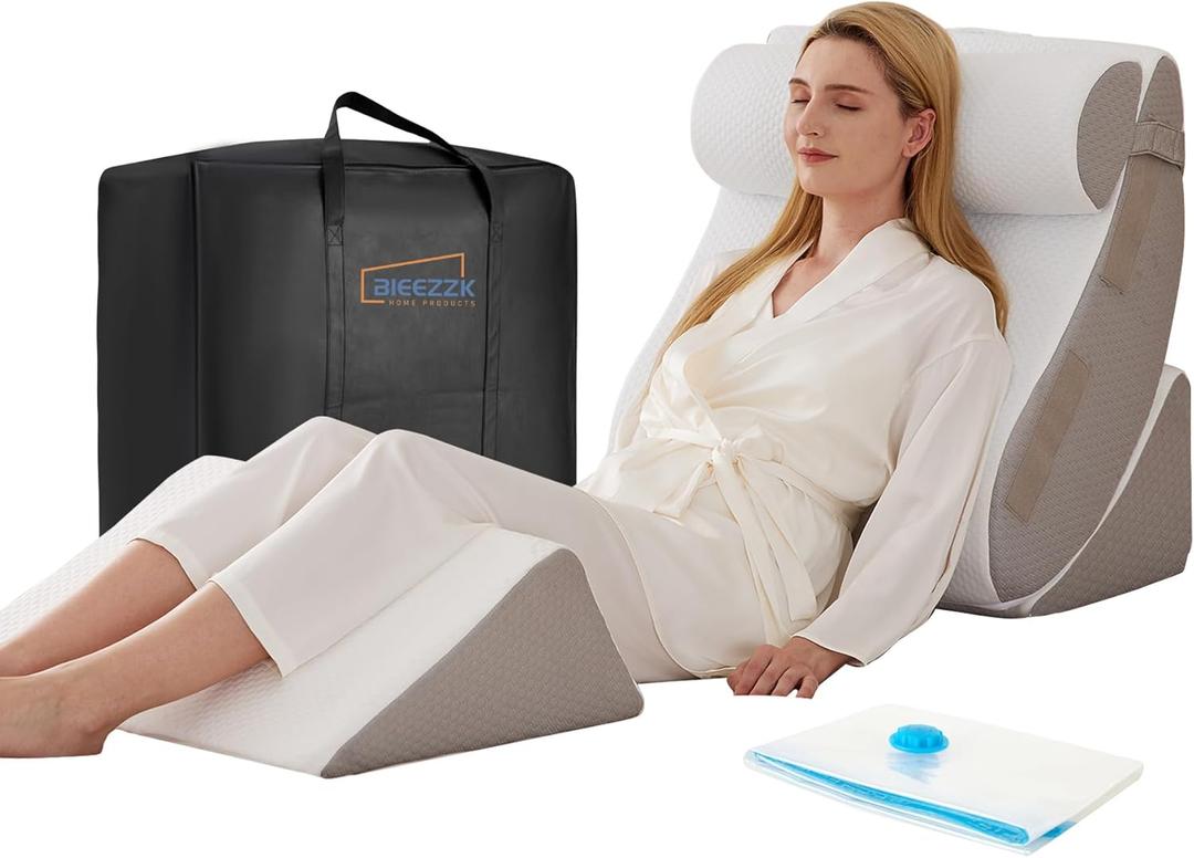 4PCS Wedge Pillow Set for After Surgery, Orthopedic Bed Wedge Pillow for Back Pain Relief, Sitting up in Bed,Recovery, Acid Reflux, Snoring, Body Pillow for Sleeping,Leg,Shoulder Support, White/Grey (4PCS Bed Wedge Pillow Set, White/Grey)
