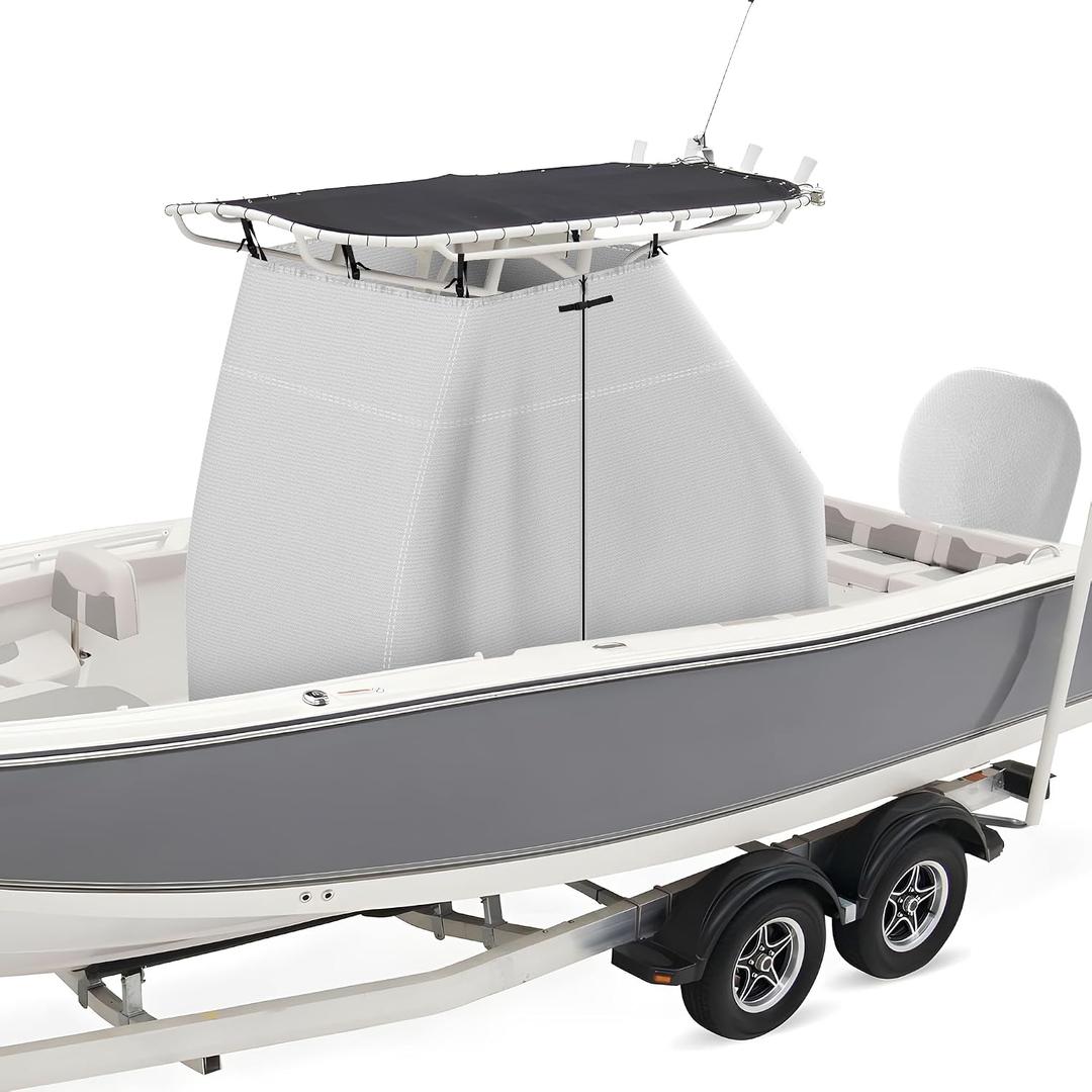 1200D Waterproof T-Top Boat Center Console Cover with Motor Cover, Heavy Duty Marine Grade Polyester Fabric, Fit T-Top Center Console 95" L 59" W 72" H, Gray