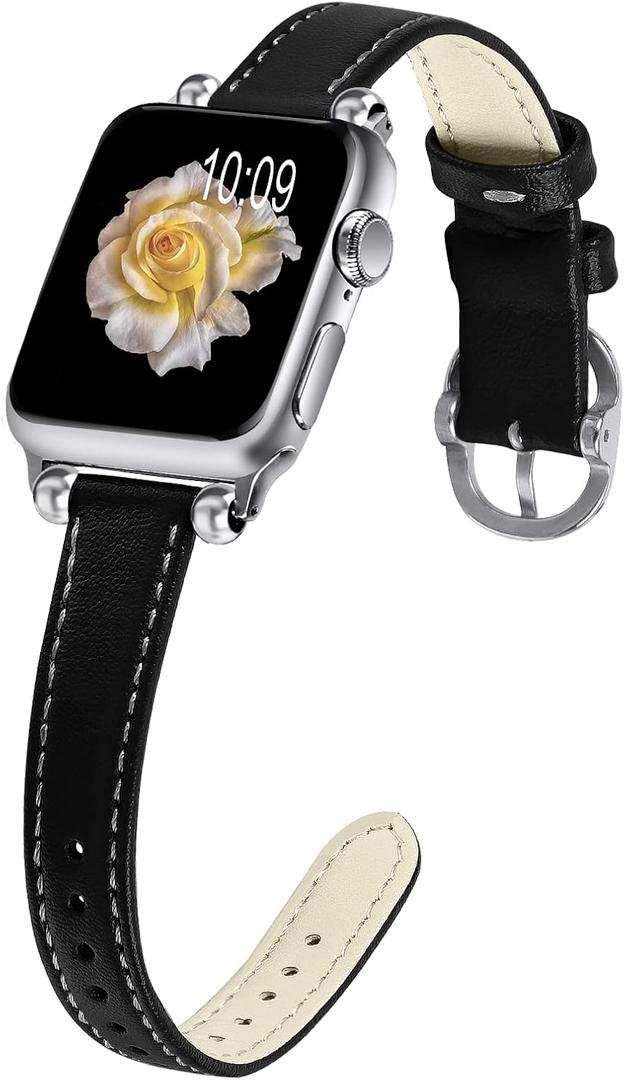JOYOZY Slim Leather Band for Women Compatible with Apple Watch 49MM 45MM 44MM 42MM 41MM 40MM 38MM, Cute Fancy Top Genuine Leather Strap for iWatch Ultra, Series SE/9/8/7/6/5/4/3/2/1 (Black/Silver)