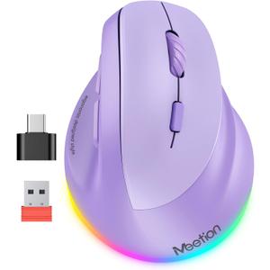 MEETION Ergonomic Mouse, Wireless Vertical Mouse RGB Backlit Rechargeable Mice for Bluetooth(5.2 + 3.0) & USB-A with USB-C Adapter 4 Adjustable DPI Compatible Mac/Windows/Android/PC/Tablet/iPad Purple
