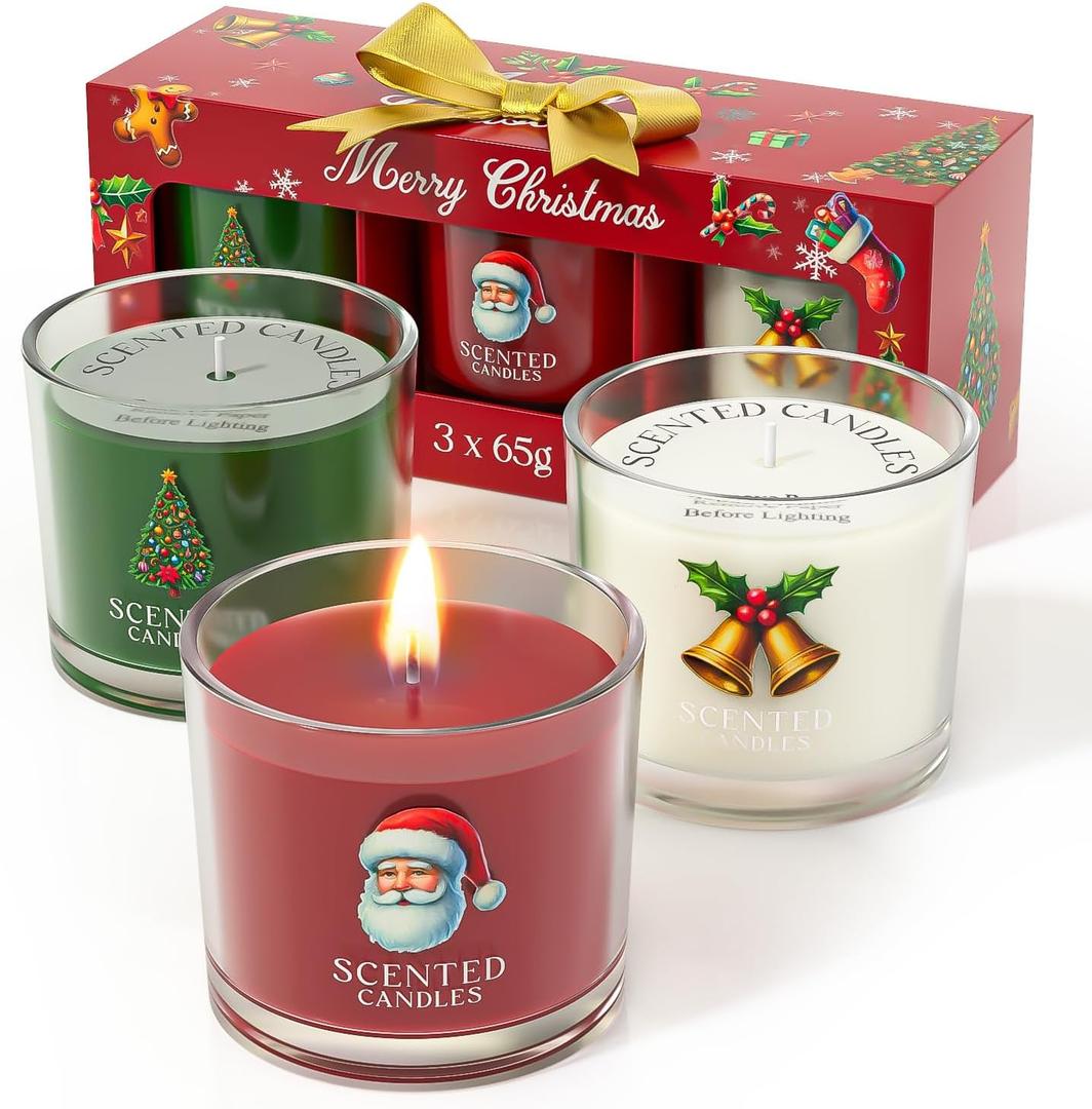 CHILLFLAME Christmas Candles, Scented Candles Gift Set for Stress Relief, 3 Votive Candles for Women and Men, Christmas Candle Gifts for Women (Red + Green + White, 7 Oz)