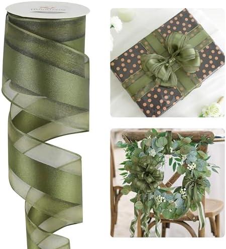 HUIHUANG Moss Green Sheer Wired Ribbon with Satin Stripe 2.5 inch Moss Christmas Tree Ribbon for Bows Making, Wreaths, Gift Wrapping, Bridal Shower Wedding Decor Decor-Continous 10 Yards