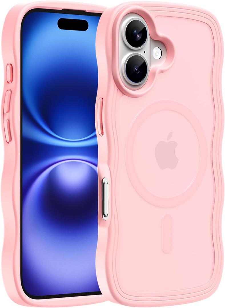3 x Hualele Magnetic for iPhone 16 Case, Compatible with MagSafe, Military Grade Dropproof Translucent Matte Back Cute Curly Wave Edge Slim Phone Case for iPhone 16, Light Pink