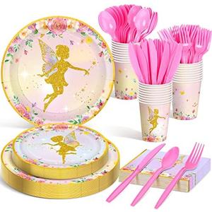 Meanplan 168 Pcs Fairy Party Supplies Fairy Plates and Napkins Fairies Tableware Set Plate Napkins Cups Knives Fork Spoon for Birthday Baby Shower Fairies Enchanted Party Decorations Serves 24 Guests