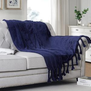 Homiest Fleece Throw, Soft & Cozy Flannel Blanket with Fringe, Lightweight Decorative Throw for Sofa, Bed, Chair - All Season (Navy Blue, 50 x 60 Inch)
