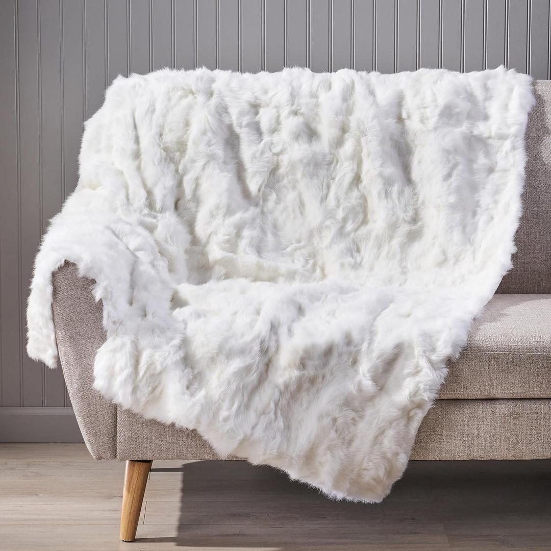 Gentle Soft Fluffy Fur Throw Blanket, Cozy Plush Blanket White, 50 * 60 Inches (Rabbit Fur)