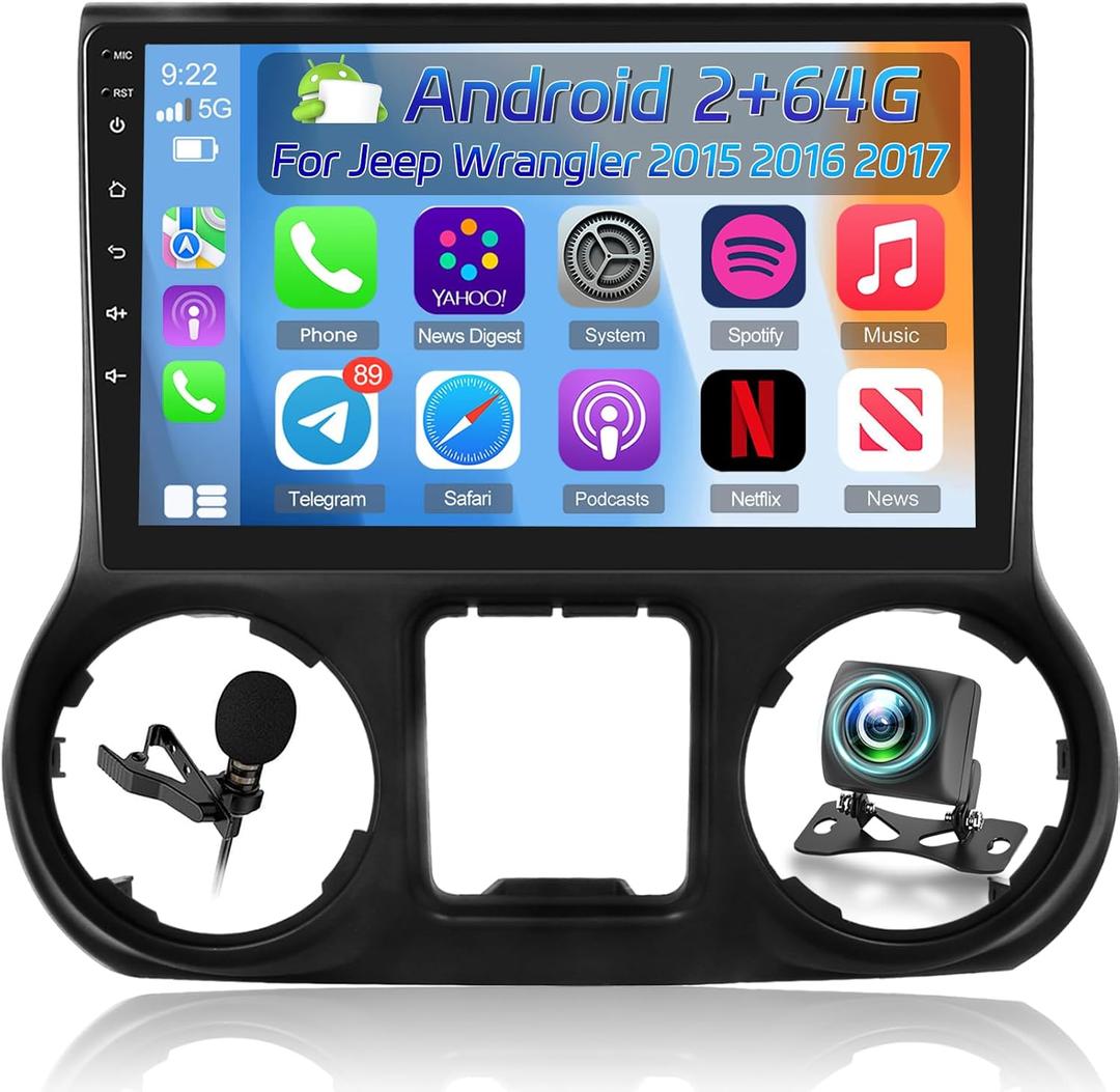 [2+64G] Car Radio for Jeep Wrangler 2015 2016 2017 with Wireless Carplay and Android Auto - 10 Inch Touchscreen Android Car Stereo - DSP/WiFi/GPS/Bluetooth/Mirror Link/SWC + AHD Backup Camera