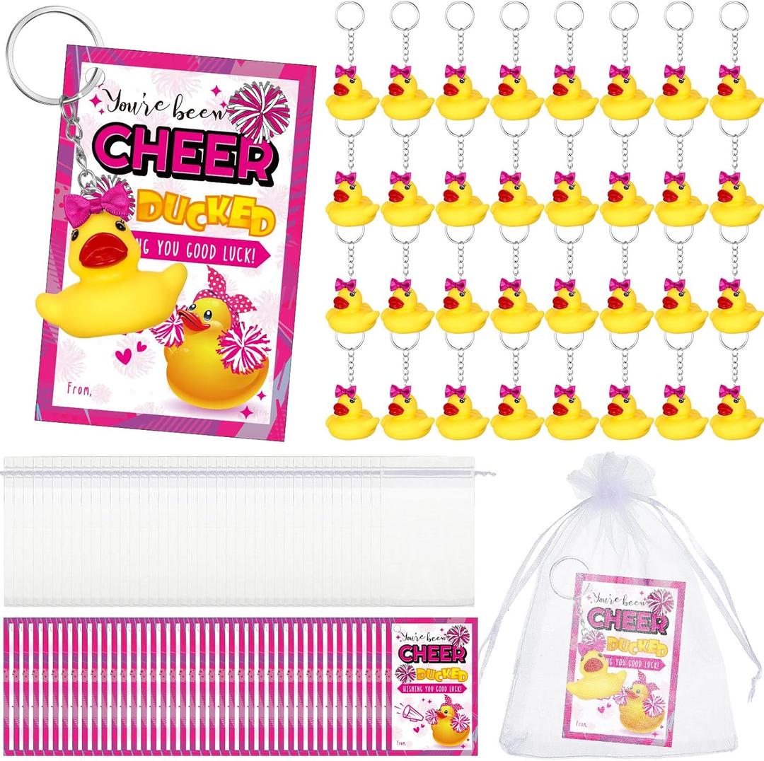 Cheer Gifts Bulk Duck Keychain You've Been Cheer Ducked Tags Bow Organza Bags for Valentines Cheerleader Team Gift (Rose Red)