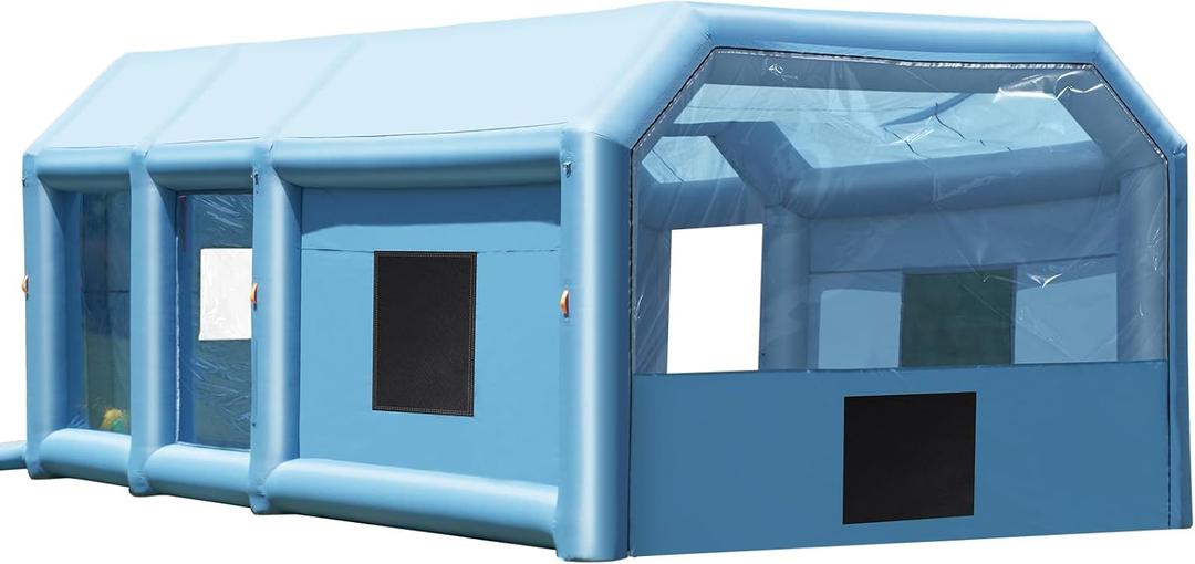 VEVOR Inflatable Paint Booth, 27.9 x 15.7 x 10.8 ft Inflatable Spray Booth, Portable Car Paint Booth for Small Truck, with 950W+750W Powerful Blowers and Air Filter System, Large Motorcycle, Midsize S (Blue)