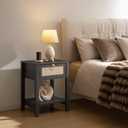 SICOTAS Rattan Nightstand, Rattan Decor Drawer with Brass Knobs Night Stand Bedside Table Boho End Tables Side Tables with Storage Shelf for Bedroom,Small Space (Obsidian)