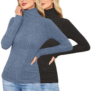 2 Pack Womens Long Sleeve Turtleneck Shirts Basic Fall Thermal Lightweight Pullover Tops Trendy Comfy Undershirts.L